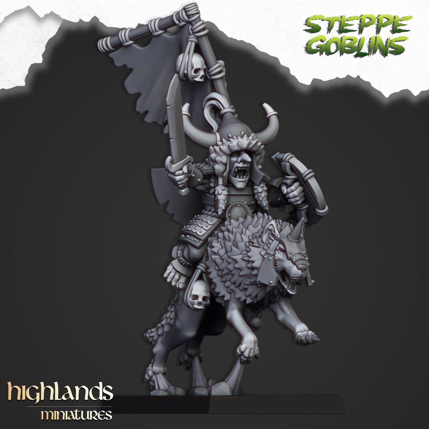 Mounted Steppe Goblin Khan on Wolf - Highlands Miniatures (1)