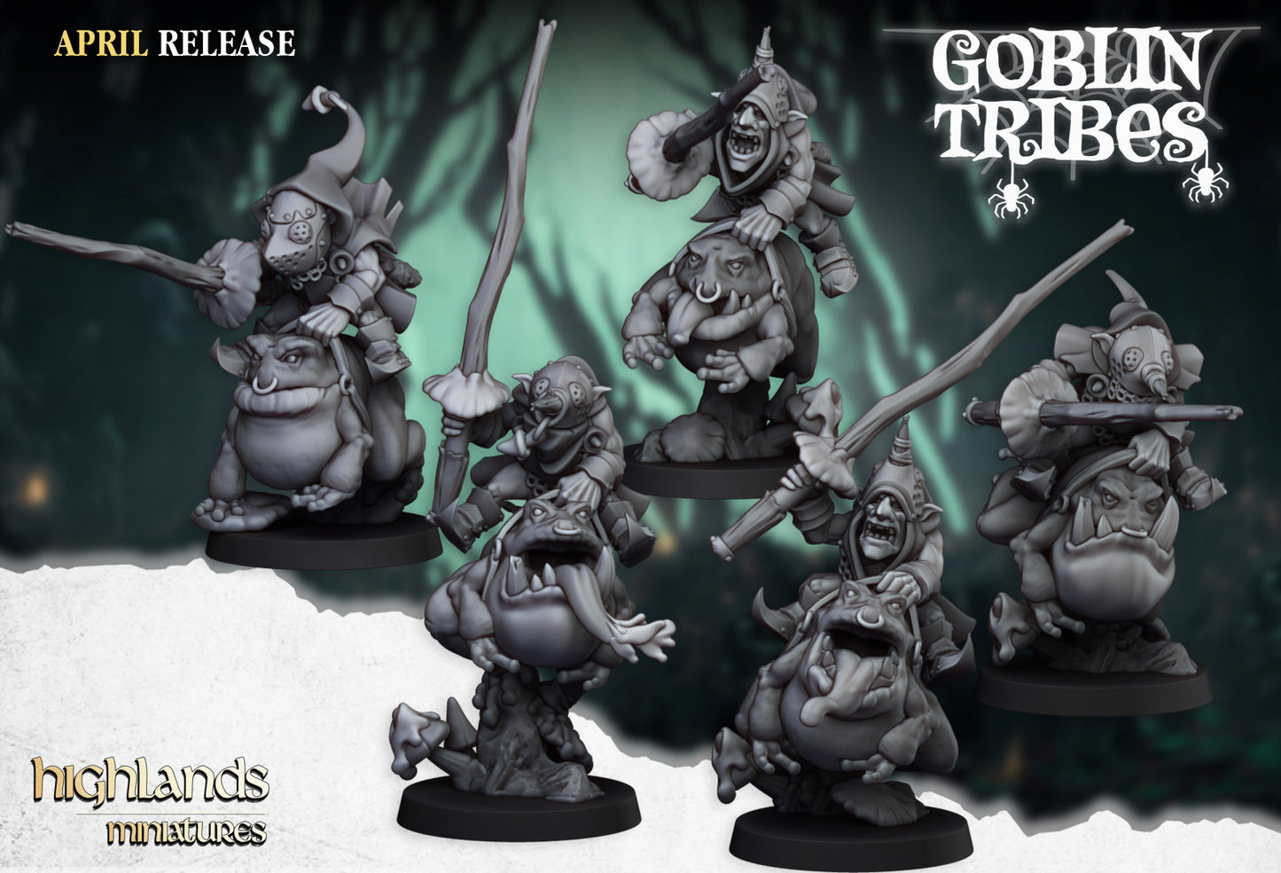 Swamp Goblins Frog Riders with Stick - Highlands Miniatures (5)